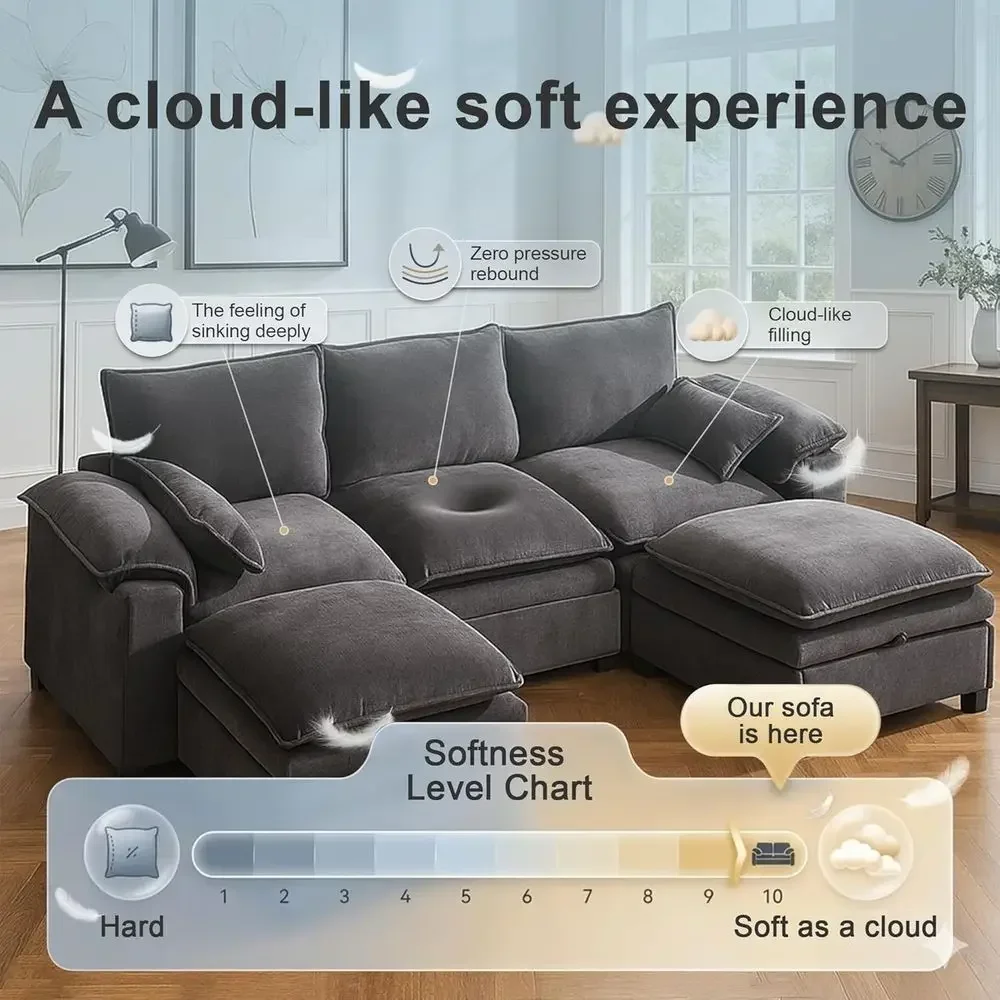 High-Density Foam Cloud Couch, 1200lbs Capacity, 3-Seater with 2 Ottomans, Gray