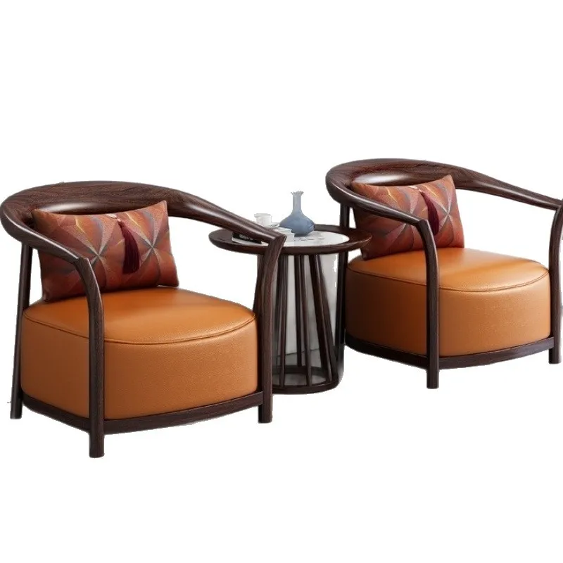 

New Chinese-style all-solid wood chair three-piece set, soft bag armchair balcony, living room leisure single sofa chair meeting