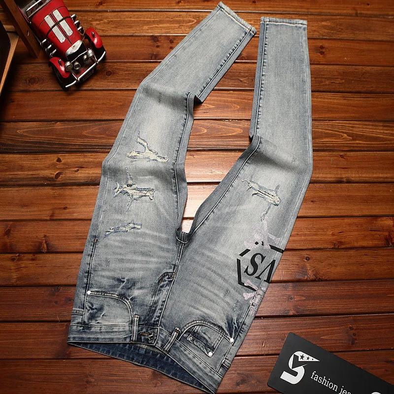 Street ripped patch jeans men's print slim fit small feet summer blue trendy fashion high-end denim pants