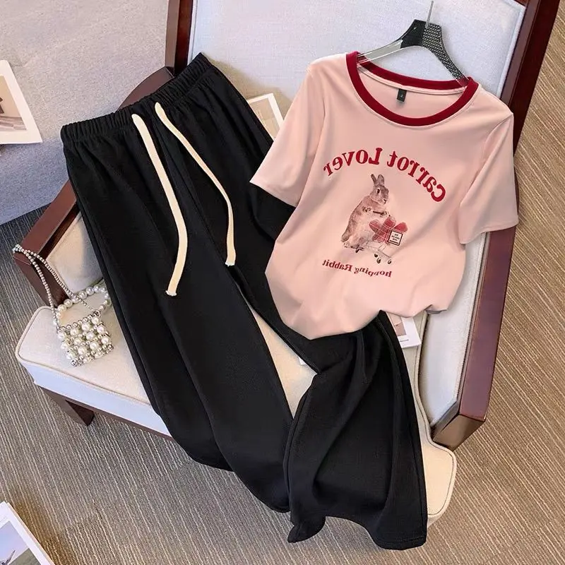 Large Size Summer Casual Set 2024 New Contrasting Round Neck Short Sleeved T-shirt High Waisted Wide Leg Pants Two-piece Set