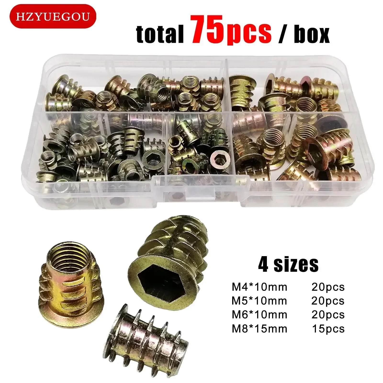 75pcs/box Mix Size Insert Nut E-nut M4 M5 M6 M8 Set Kit Thread Embedded Hex Hexagon Socket Head Wood Furniture Bed Cabinet Table