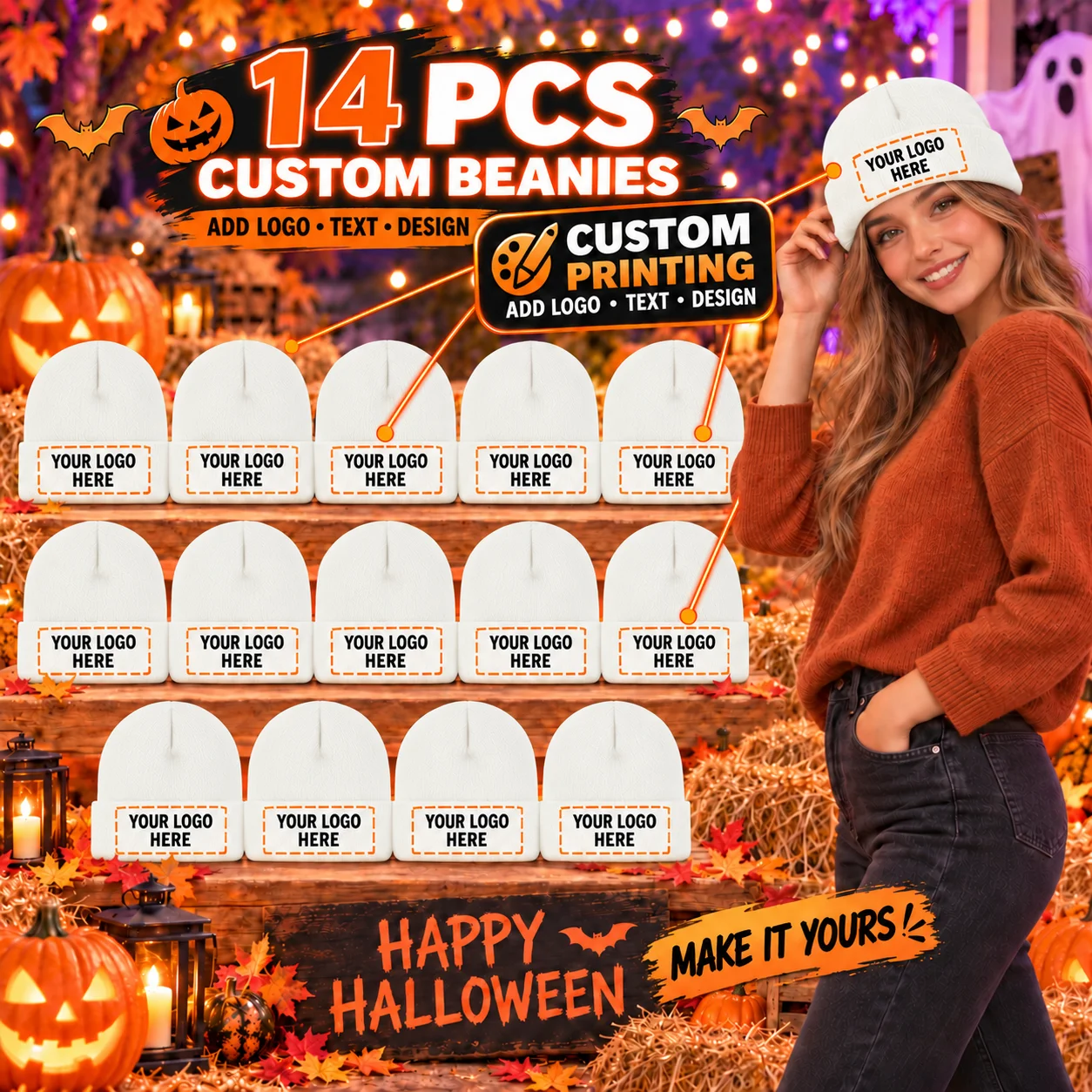 14個入り、カスタムデザインのニット帽。ロゴや文字をプリントして、冬のイベントやハロウィーンパーティー、チームイベントに最適な、さまざまな色のリブ付きニット帽のセット。