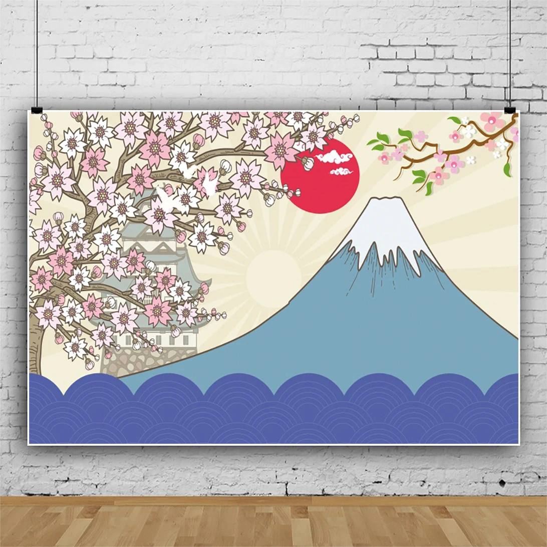 Laeacco 일본식 새해 배경 벚꽃 마운트 타워 아이 생일 초상화 사용자 정의 사진 배경