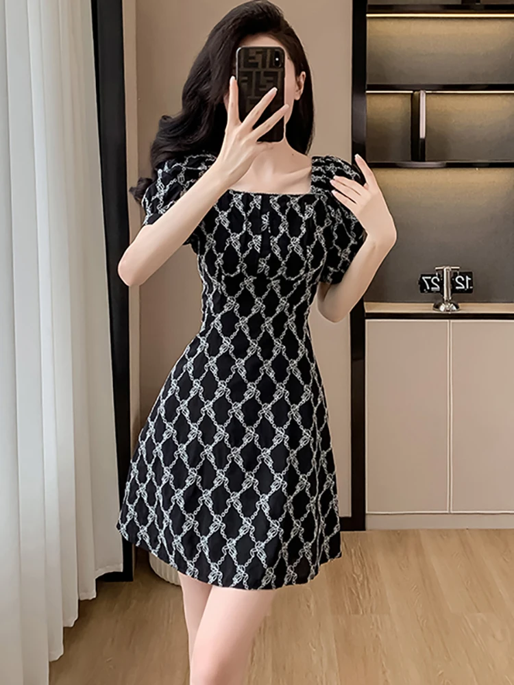 Black Print Plaid Chic Sqaure Collar New in Dress Women Summer Short Sleeve Casual Mini Dress 2024 Korean Elegant Bodycon Dress