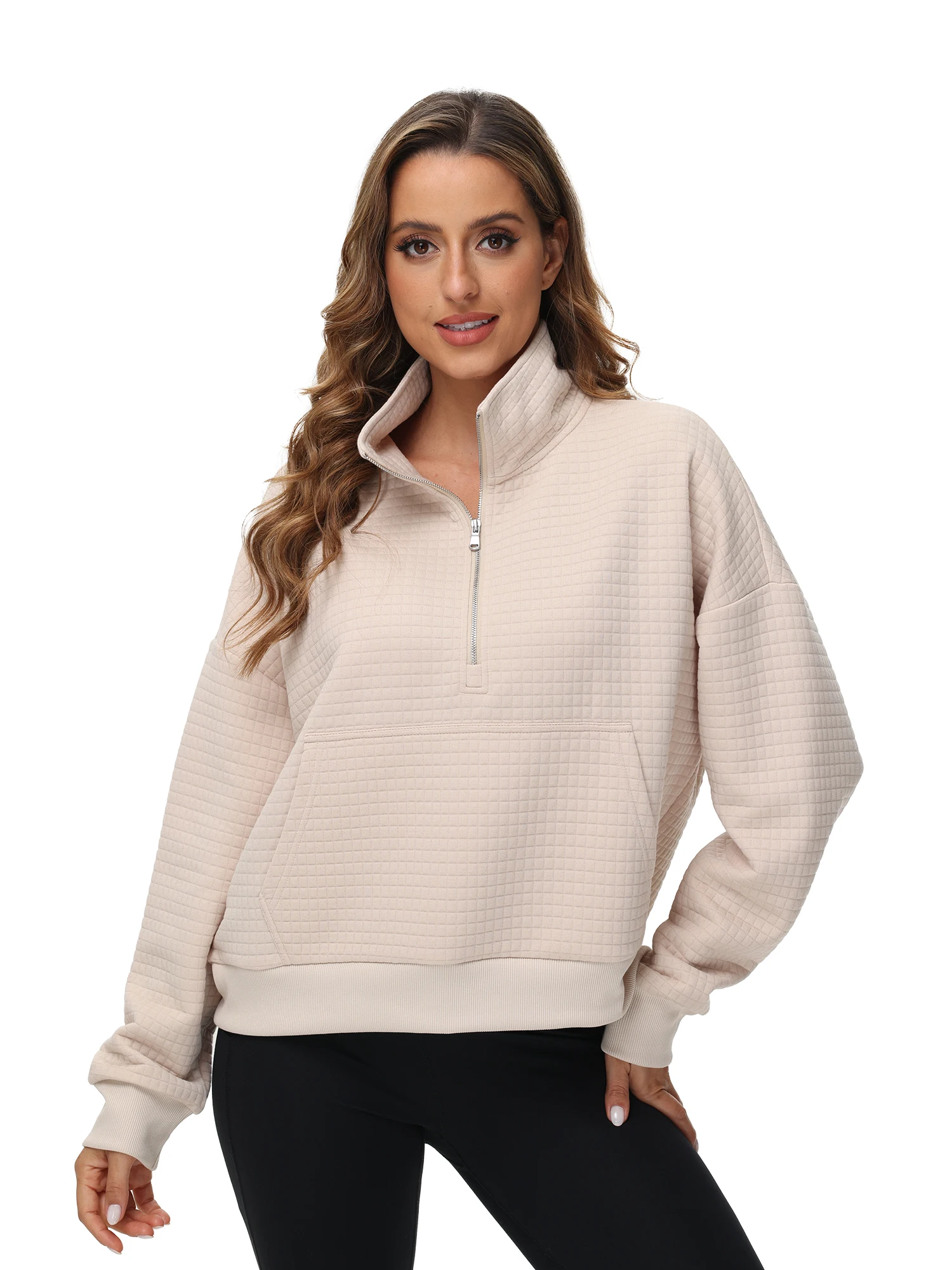 Women's Long Sleeve Casual Waffle Pullover Solid Warm Half Zipper Sweatshirts Tracksuits Short-style Hoodie for Autumn Winter