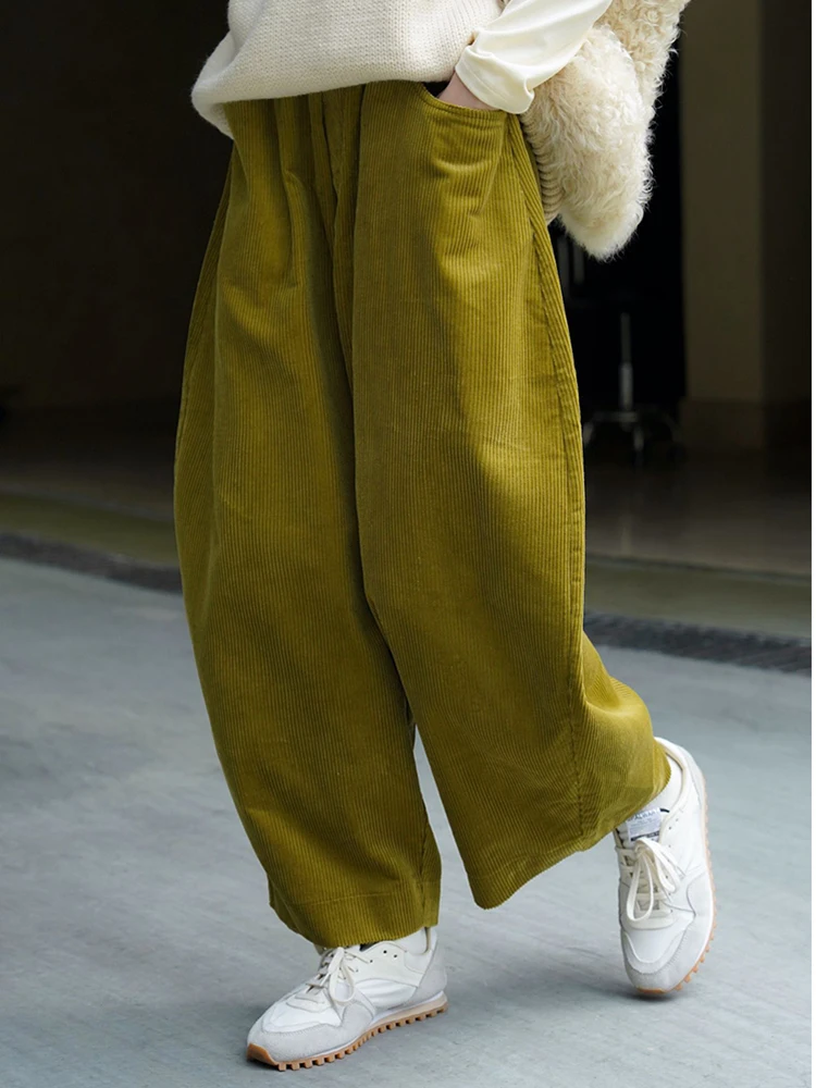 [EAM] High Elastic Waist Green Corduroy Wide Leg Pants New Loose Fit Trousers Women Fashion Tide Spring Autumn 2024 1DF21930