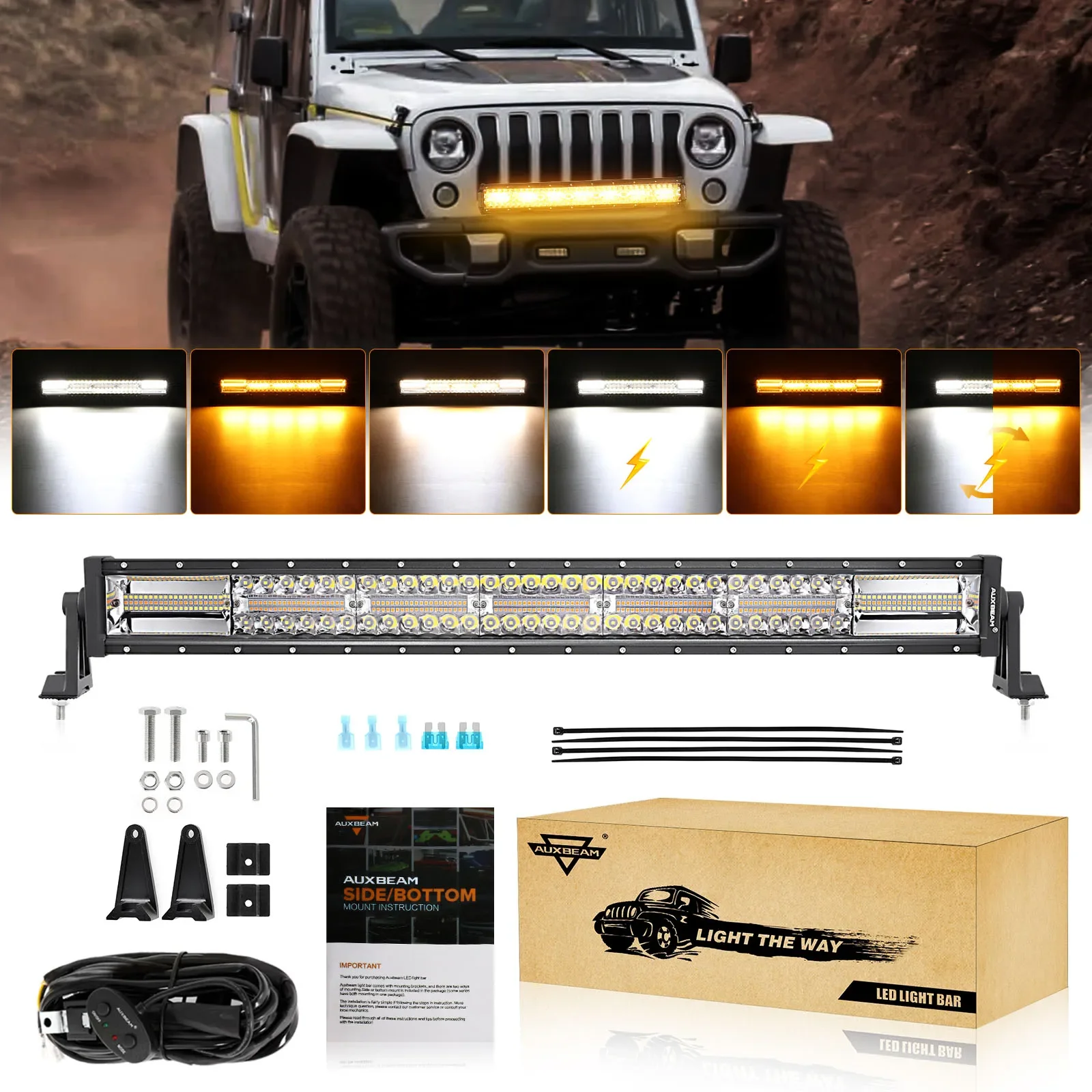 

AUXBEAM 30 Inch LED Light Bar with Wire Harness 6 Modes White & Amber Work Light with Memory Function Off Road Driving Lamp