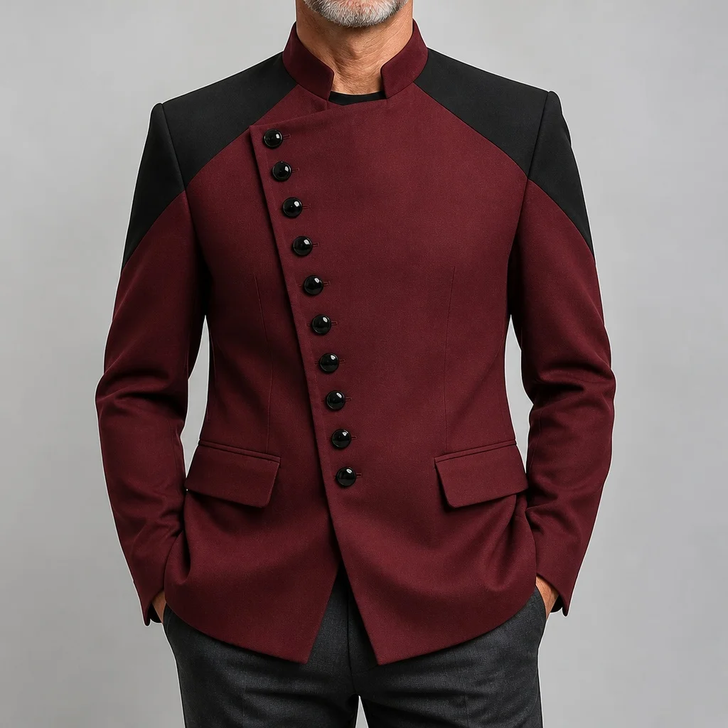 Men's Mandarin Collar Color Block Blazer Diagonal Single Breasted Wine Black Splice Jacket Work Business Casual Party Suit Coat