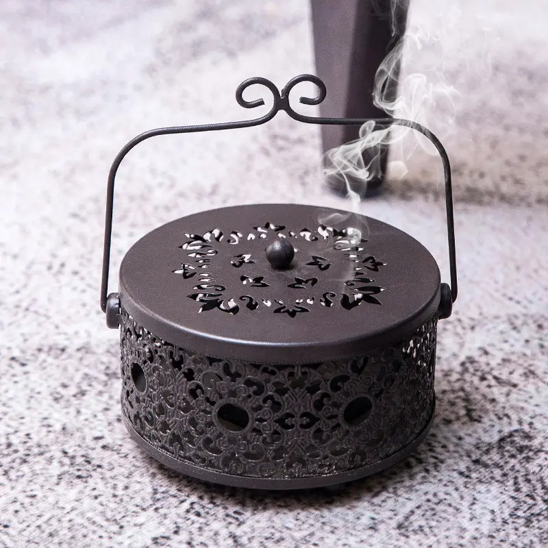 Wrought Iron Mosquito Coil Holder Hollow Flower Fireproof Anti-scald with Lid Ash Tray