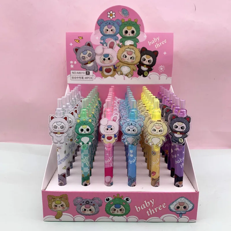 Baby Three Original Retractable Gel Pen 48pcs Display Box Cute 3d Cartoon Figure Pens Smooth Writing School Student Stationery