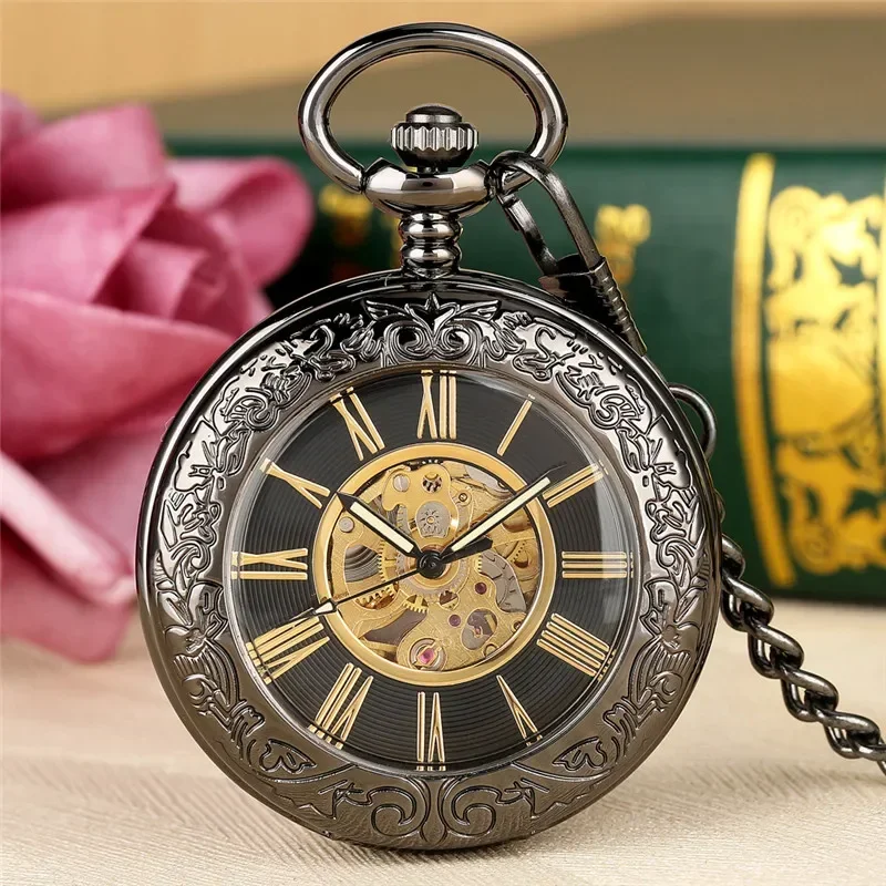 Antique Style Men Women Hand Winding Mechanical Skeleton Pocket Watch Necklace Pendant Chain Roman Number Display Timepiece