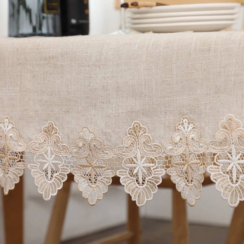Plain Colour Tablecloth Cotton Linen Pure Light Gray European Style Cover Map Lace Hem Washable Table Cloth for Tea Table