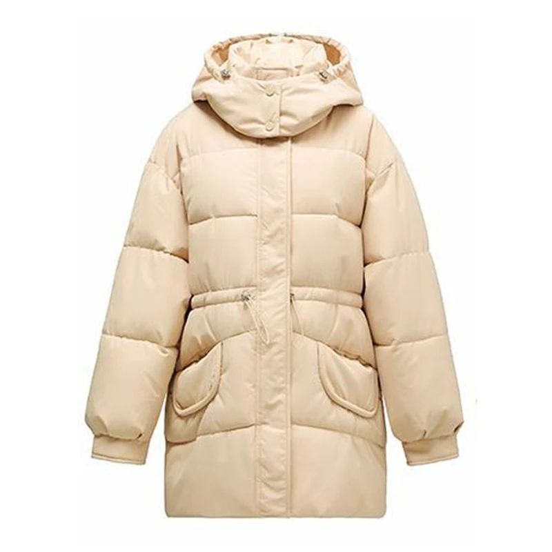 

Winter Mid-Long Down Cotton Jacket Women 2023 New Stand-Up Collar Hooded Coat Fashion Outerwear Loose Parka Overcoat Female