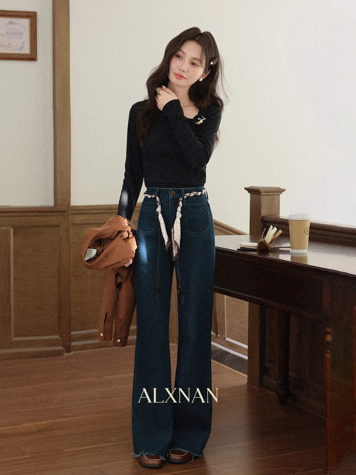 

South Deer Sicily Legend Vintage Blue Frayed Denim Jeans Women's Straight Leg Long Trousers Autumn Slimming Casual Style