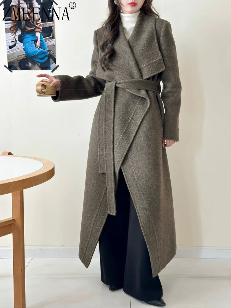 

ZMEENNA Warm Elegant Womens Long Wool Blend Wrap Coat With Wide Lapel And Belt Tie Asymmetrical Hem Outerwear ZM3555