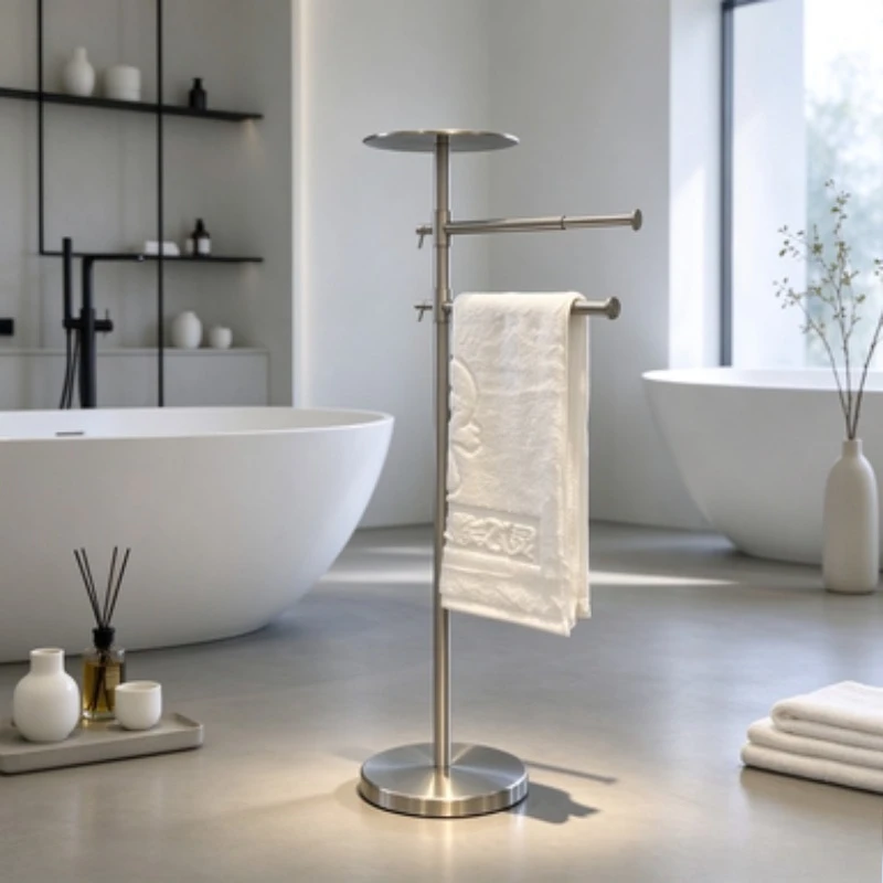 Freestanding Towel Rack Double Bar Stainless Steel Towel Holder with Tray Movable Brushed Storage Shelf Hotel Bathroom Decor