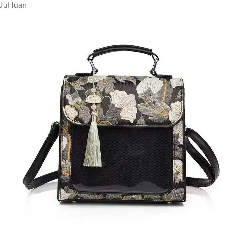 Chinese Antique Flower Shadow Fringed Messenger Bags Female Transparent Window Two-dimensional Bar Small Food Backpack Lta Bag
