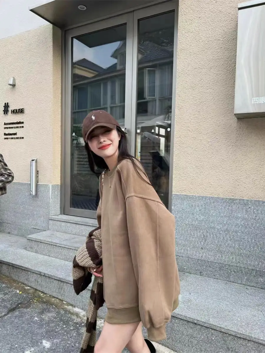 Damskie bluzy Y2K odzież z lat 2000 uniwersalne japońskie retro łatwe do dopasowania aksamitne okrycie wierzchnie amerykańskie z długim rękawem luźne studenckie