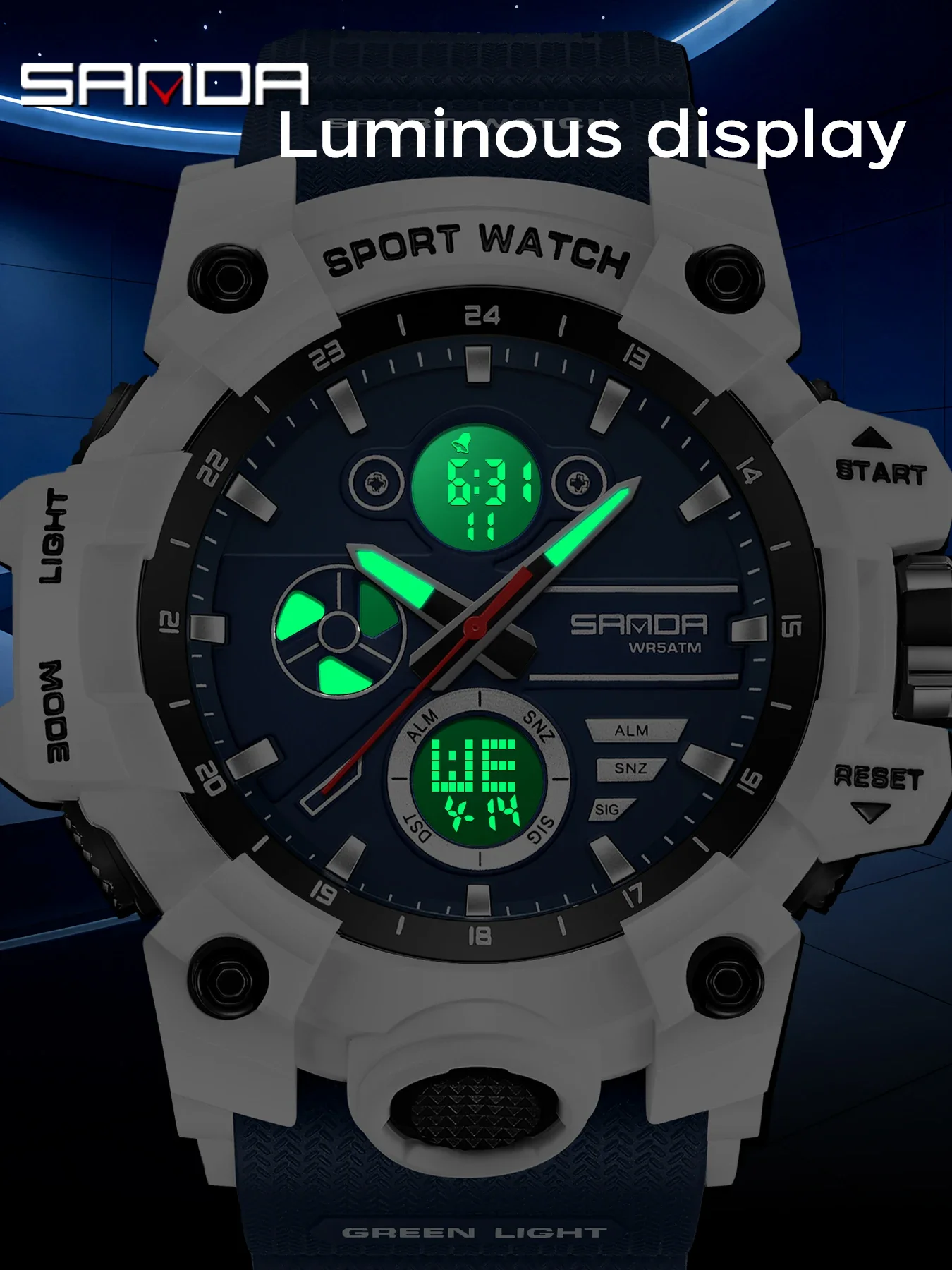 SANDA New Fashion Men Sport Watch Dual Display LED Luminous 5Bar Waterproof TPU Strap Chronograph Outdoor Student Watch view 5