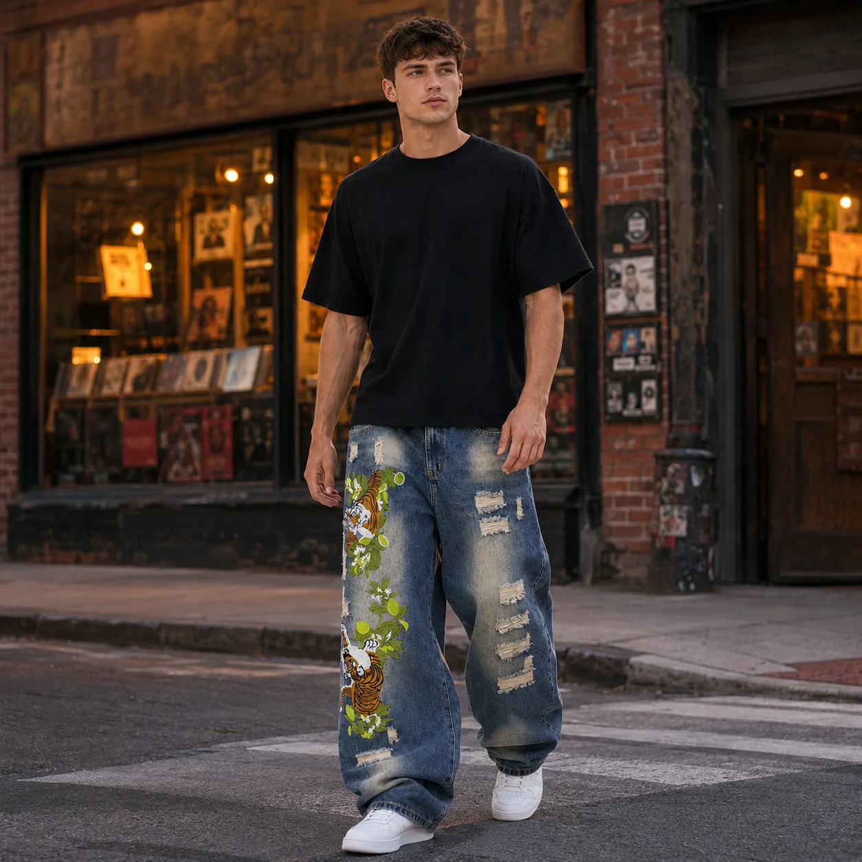 UP.THE Oversized Baggy Jeans for Men, Retro Gradient Washed Distressed Ripped Denim Pants, Jungle Tiger Floral Embroidery Y2K Streetwear Wide Leg Jeans, Skate Hip Hop Loose Denim Trousers for Teen Boys Daily Outfits view 2