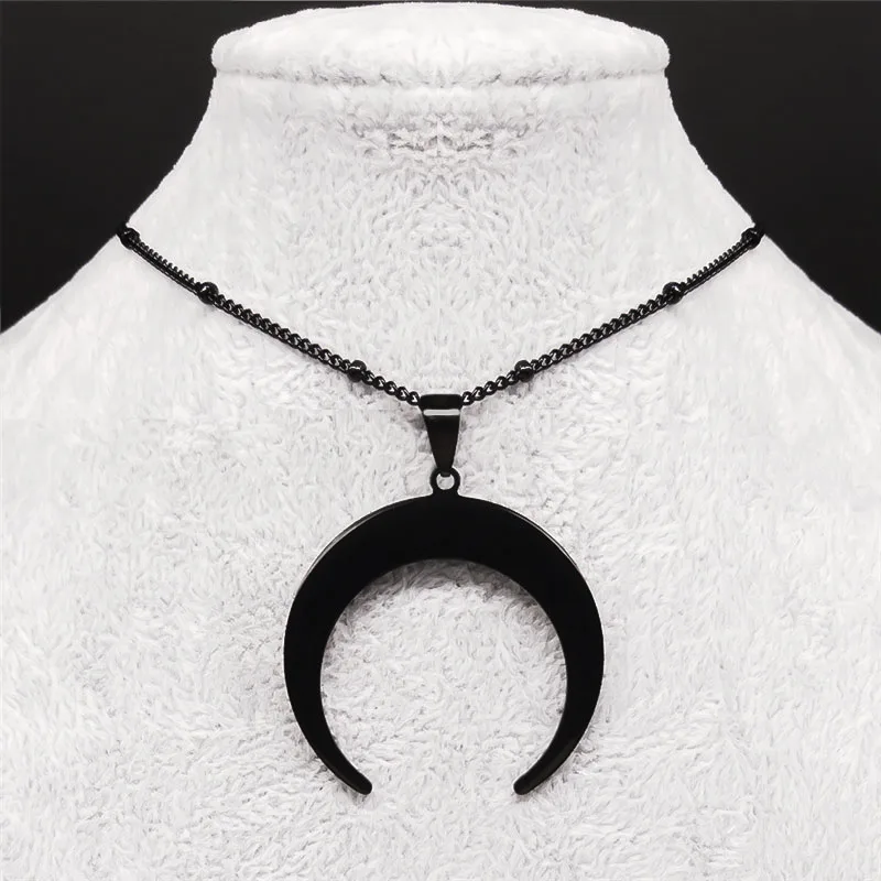 Gothic Stainless Steel Moon Necklace for Women Black Color Big Pendant Necklace Jewelry Gift collar acero inoxidable   N7076S03