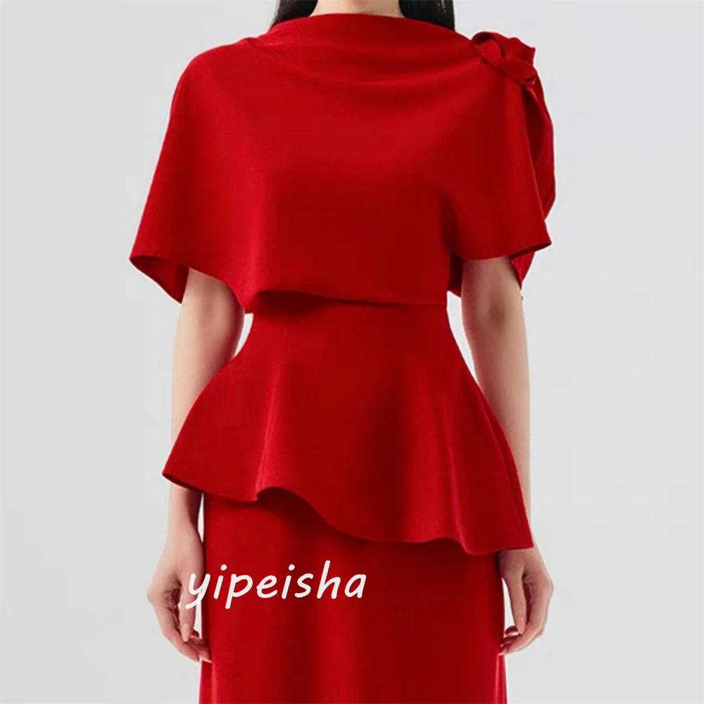 Jiayigong  Satin Flower Draped Tiered Beach A-line High Collar Bespoke Occasion Gown Long Sleeve Dresses