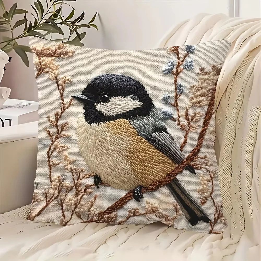 

2D - printed bird - themed pillow Not real embroidery