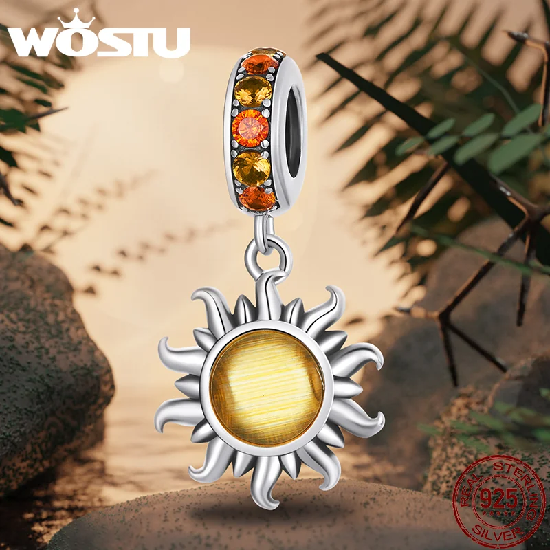 WOSTU Vintage 925 Sterling Silver Sun Style Amber Color Murano Glass Charms Beads Fit Original Bracelets Bangle Jewelry Making