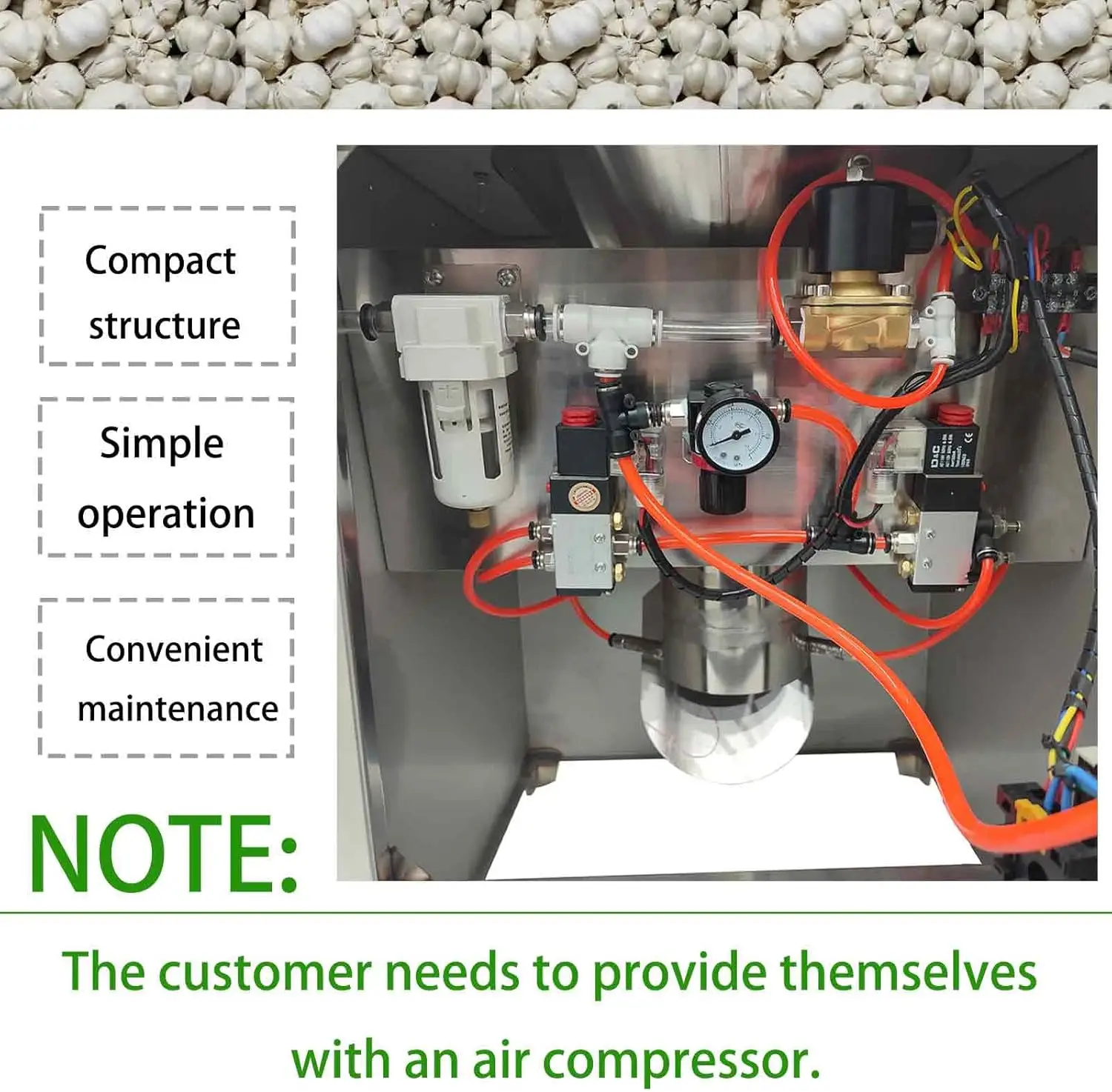 110V 공압 마늘 필링 기계, 20-25KG/H 용량 스테인레스 스틸 상업용 마늘 필링 기계, 필링 도구