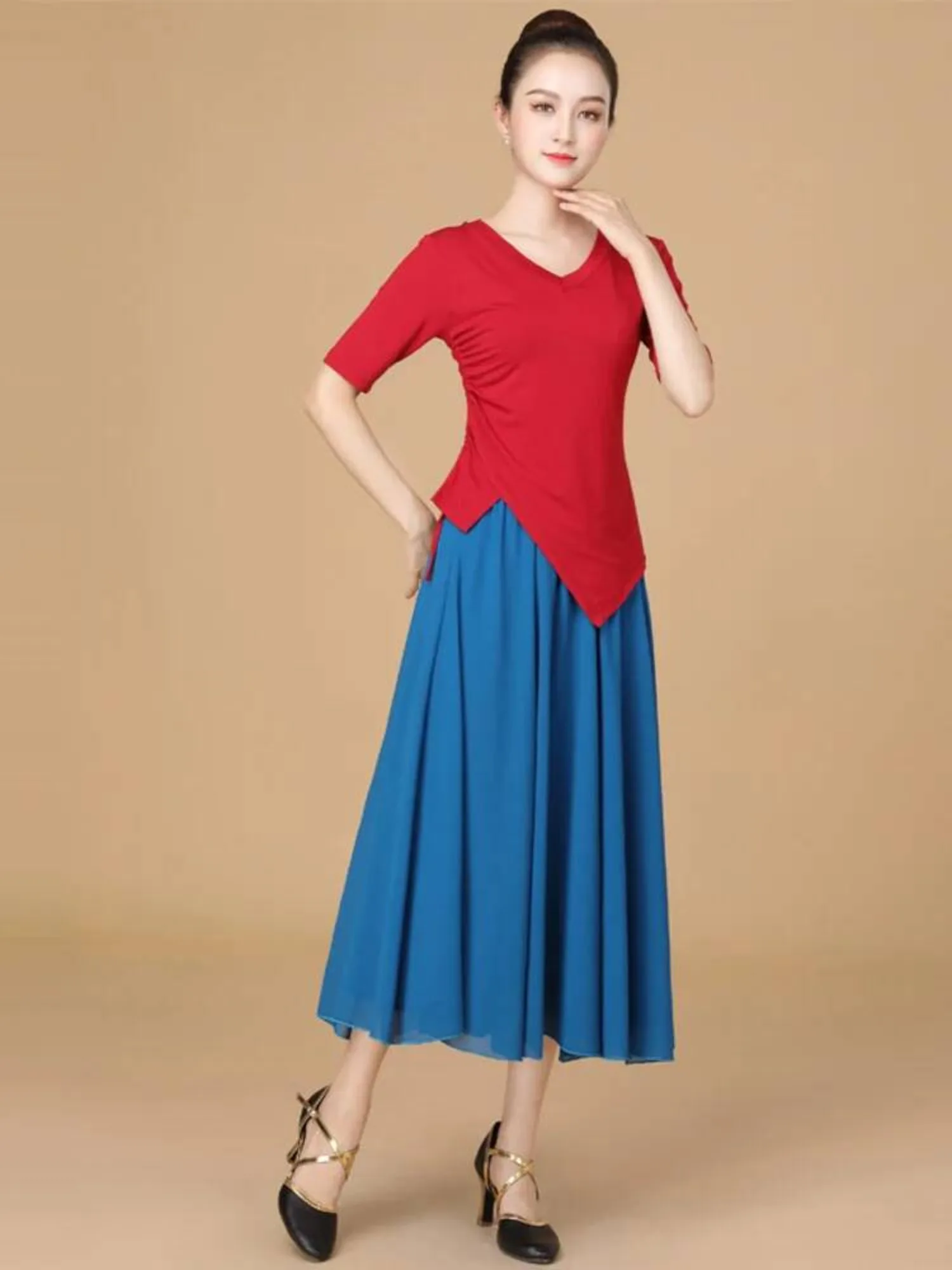 Conjunto de 2 uds de práctica de baile latino de Color sólido, disfraz de competición para mujer, Tops clásicos con cordón, ropa para el vientre, falda de gasa de salón