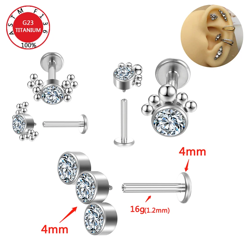 Titânio Zircão Ear Stud, Labret Lip Ring, Cartilagem Nasal do Prego, Hélice Lobe Conch, Jóias Piercing do corpo, ASTM F136