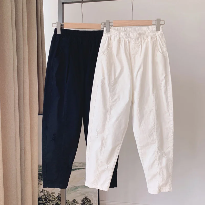 Pantalones elásticos de mezclilla perforados de rábano, pantalones Harlan sencillos y sueltos de cintura alta, tendencia de moda de primavera y verano, novedad de 2023