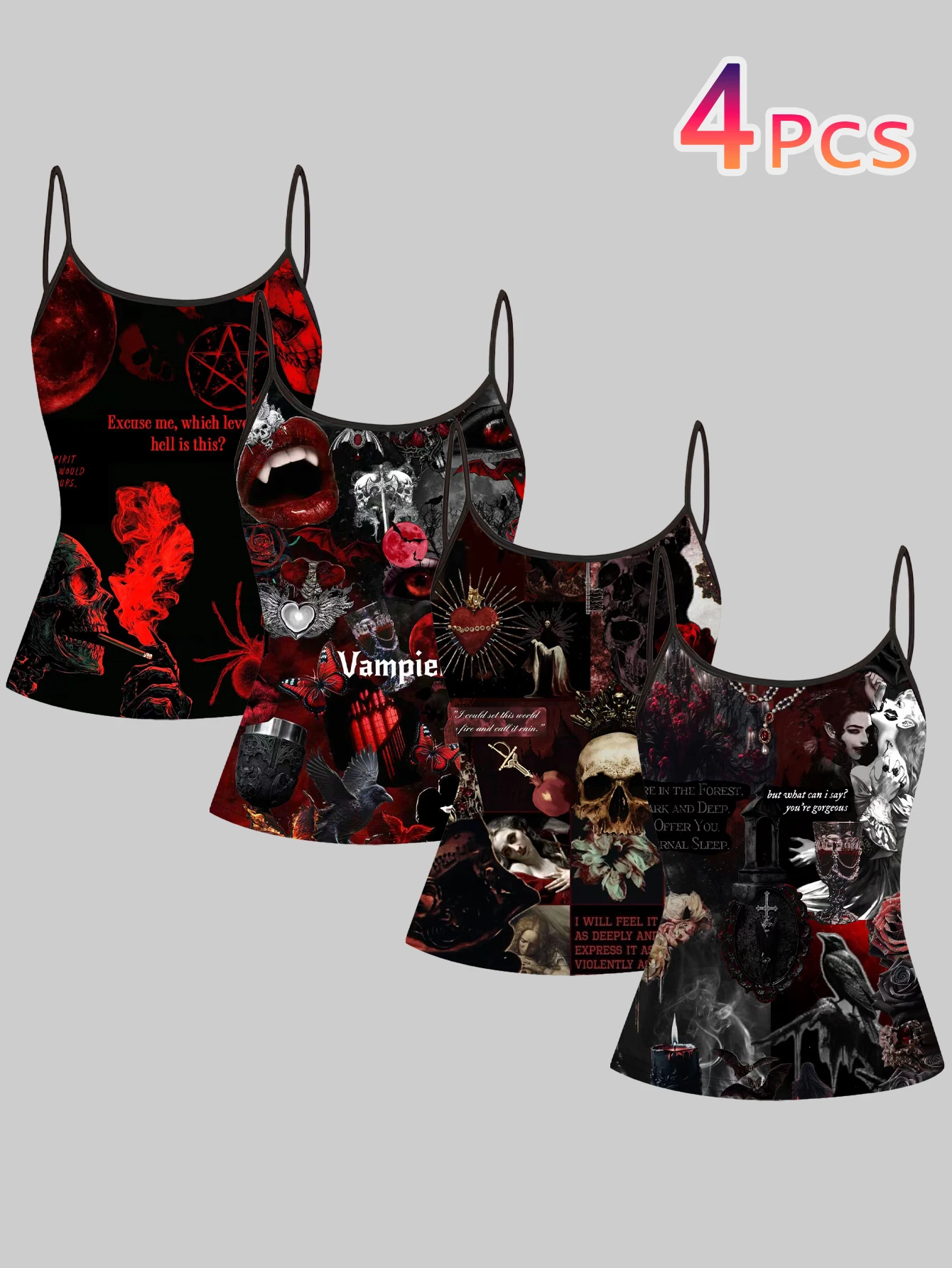 4-Piece Set of Vintage Sun, Moon, and Star Print Camisoles, European and American Style Mysterious Astrology Pattern Tank Top Set, Trendy Unique Women's Tops