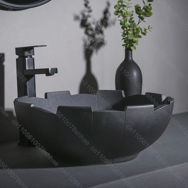 Modern Black Ceramic Vessel Sink for Bathroom Vanity Balcony Art Basin Above Counter Wash Bowl Sinks Countertop Basin Artistic