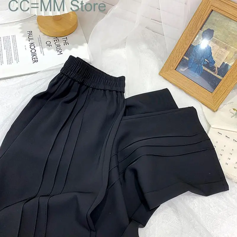 New Office Ladies Pants for Women Elastic Waist Summer Korean Fashion Casual Loose High Waist Elegant Wide Trousers