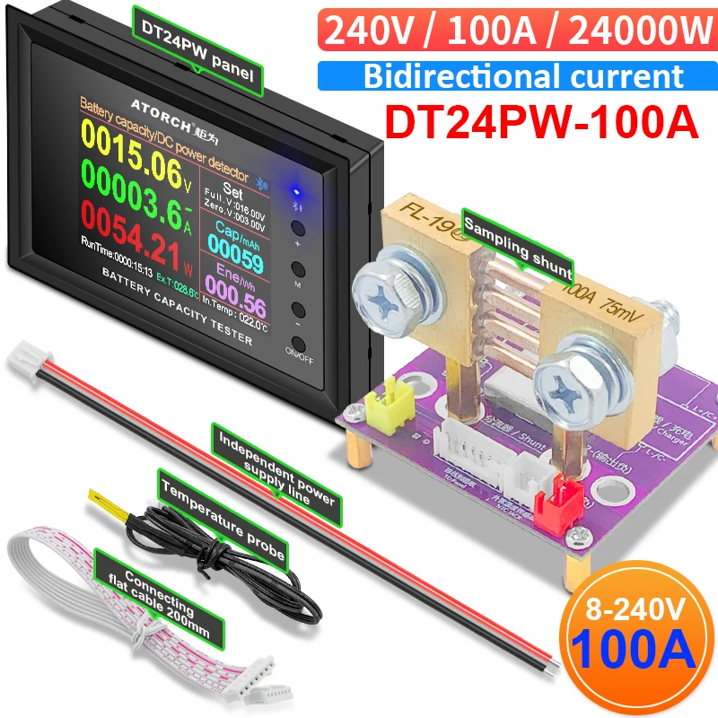 DT24PW 8~240V 100A Amp meter DC Power Voltmeter Ammeter Battery Capacity Tester voltage Gauge detector with Coil CT