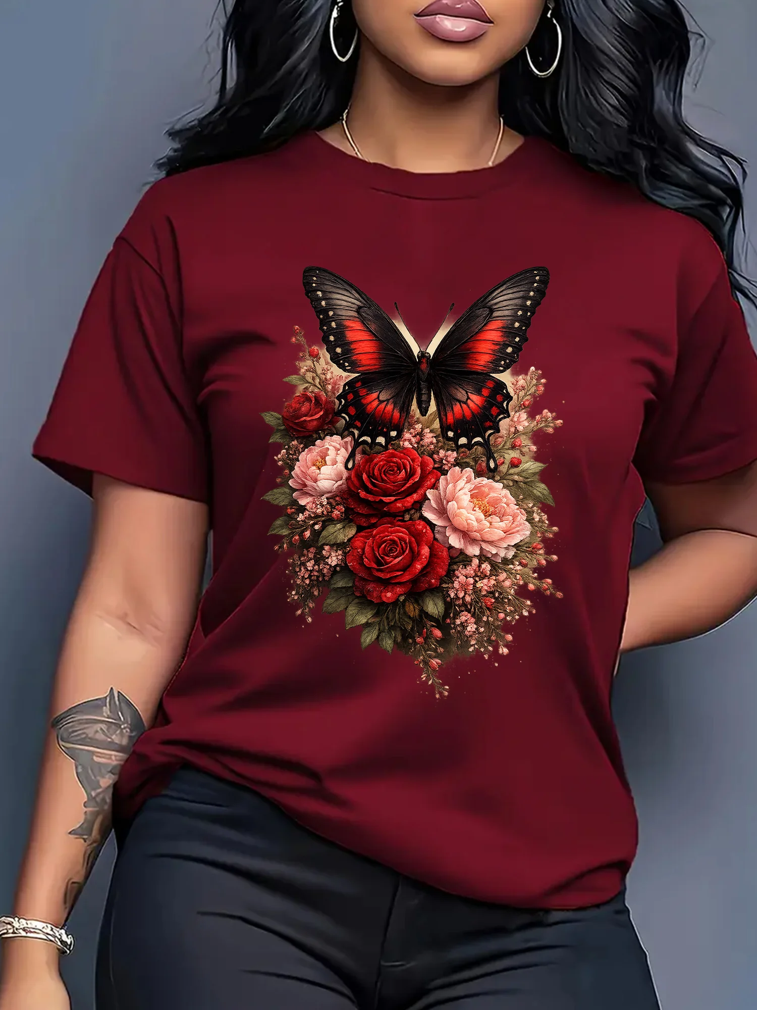Women'S Rose & Peony Print T-Shirt - Loose Fit, Short Sleeve, Crew Neck Summer Top with Red Butterfly Accents - Casual & Beachwear Shirt (Machine Washable) - Single Piece (In-Stock)