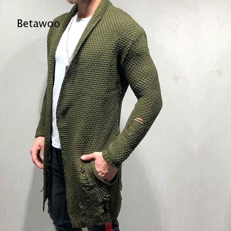 Men Shawl Collar Long Length Waffle Knit Cardigan Open Front Slim Fit Casual Sweater Coat with Stripe Detail for Daily