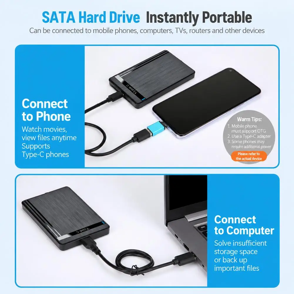 Hard Drive Enclosure Type-C High Speed External Hard Drive Case Supports up to 5000GB 10mm HDD SSD Smart Sleep Tool-Free
