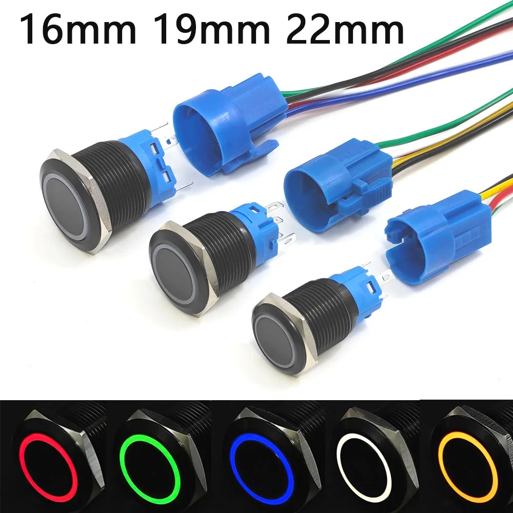

Black Metal Push Button Switch 12v LED Light On Off PC Power 16mm 9mm 22mm Ring Lamp Waterproof Momentary Latching 5v 220v Red