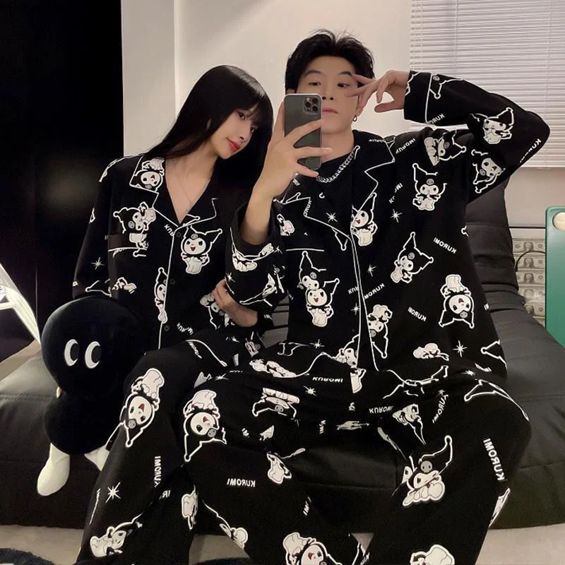 Sanrio Kuromi Cartoon Couple Pajamas Women Men Spring Autumn Cotton Long Sleeve Top Shirt Pants 2 Piece Set Y2k Sleepwear Suit