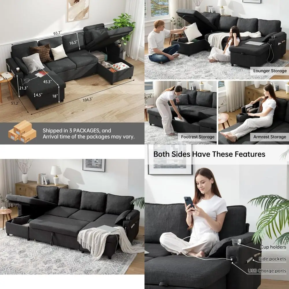 أريكة نوم مزدوجة التخزين، أريكة قابلة للسحب مع أغطية قابلة للإزالة، أثاث غرفة المعيشة المقطعية باللون الرمادي