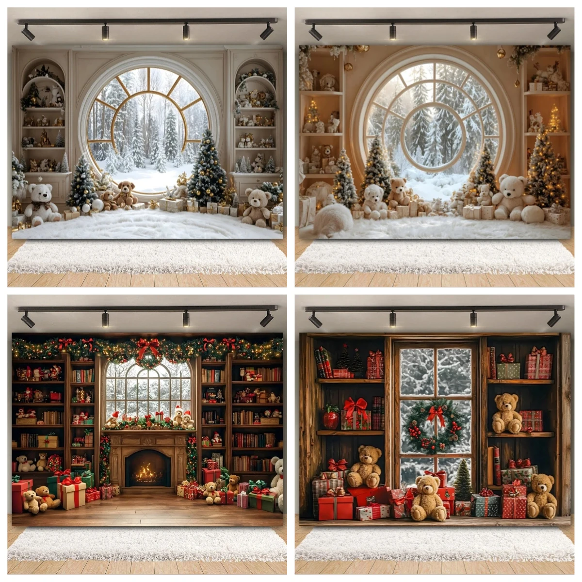 

Christmas Backdrop Xmas Tree Toy Bear Gift Wooden Bookshelf Window Kids Portrait Holiday Party Room Decor Photography Background