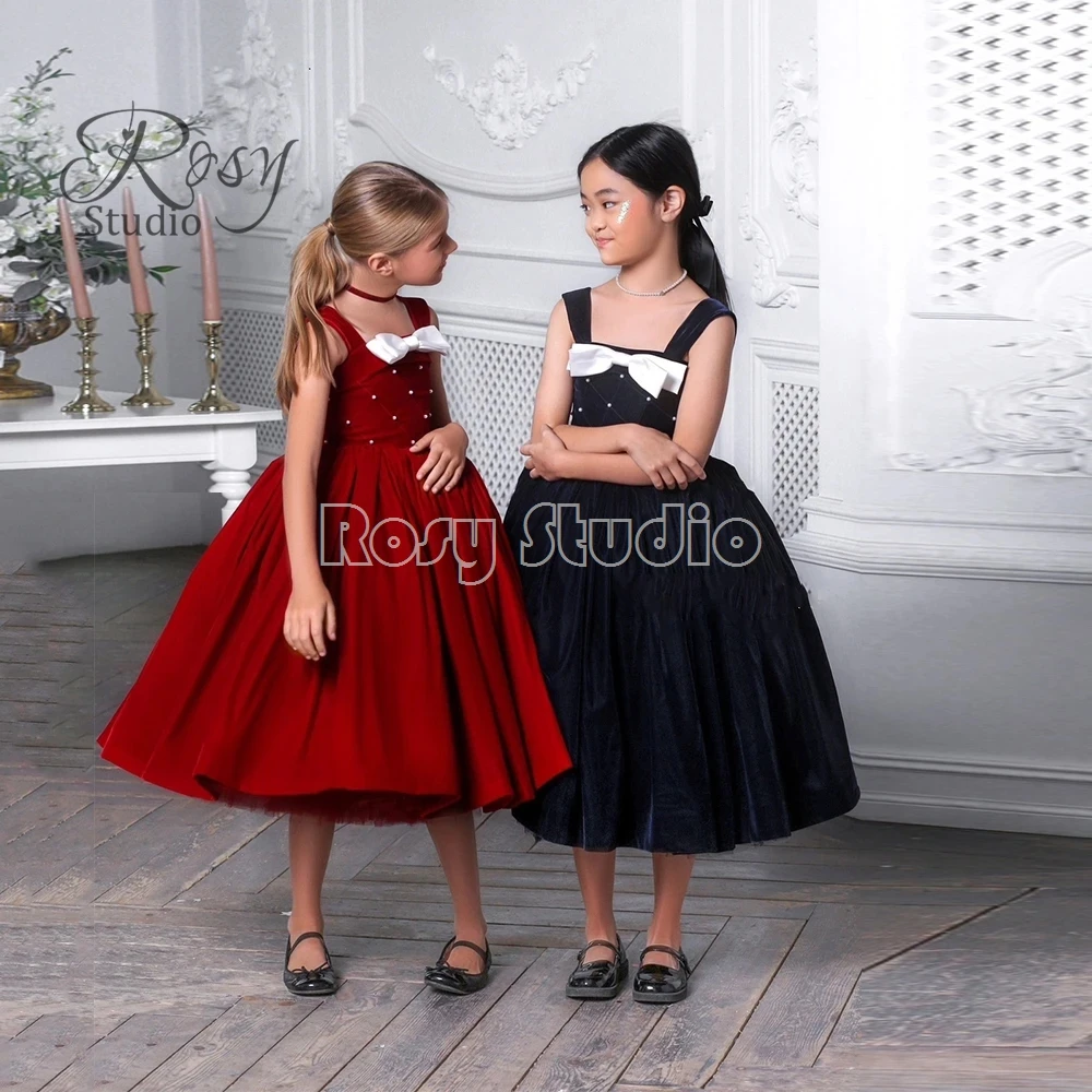 Vintage Burgundy Flower Girls Dresses with Beading 2025 Summer Sleeveless Tea Length Dark Navy Kids Wedding Party Gown