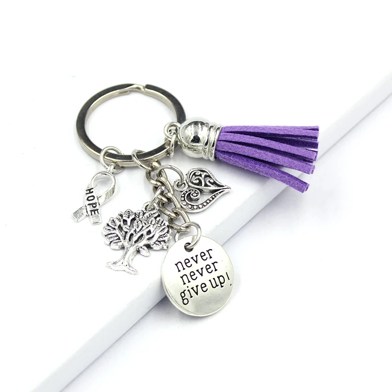New Arrival Purple Ribbon Awareness Keychain Keyring Pancreatic Cancer Alzheimer's disease Key Chain Never Give Up Charm Jewelry