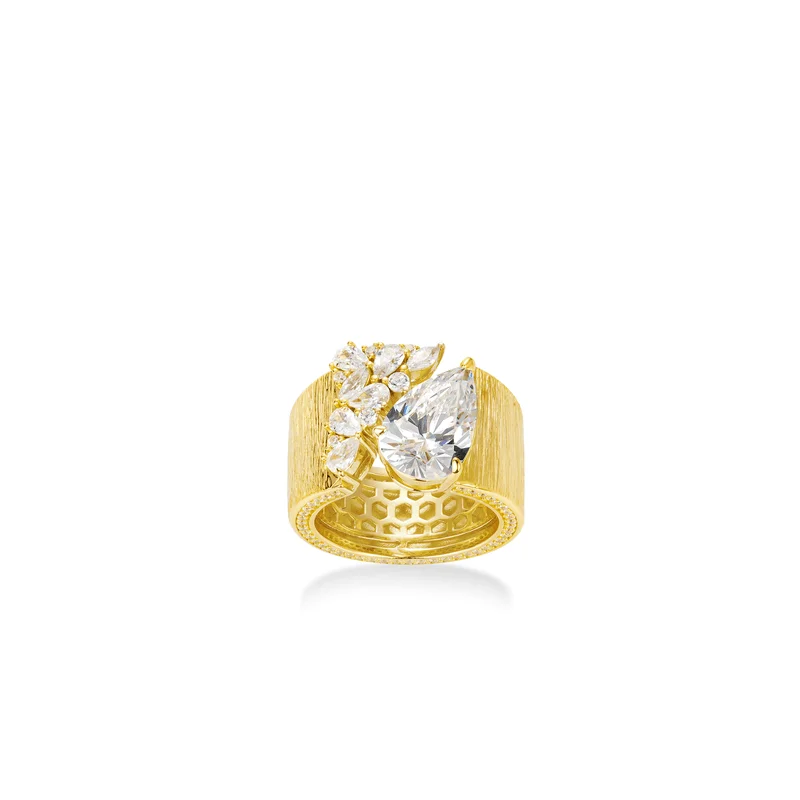 

Bellux 925 Silver Synthetic Zircon Jewelry Gold Brushed White Water Drop Luxury Set Wide Edition Ring for Women