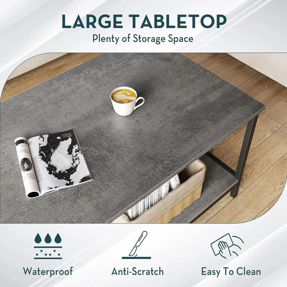 2-Tier Industrial Style Coffee Table with Storage, Rectangular Wooden Center Table for Living Room, Small Space, Concrete Gray F