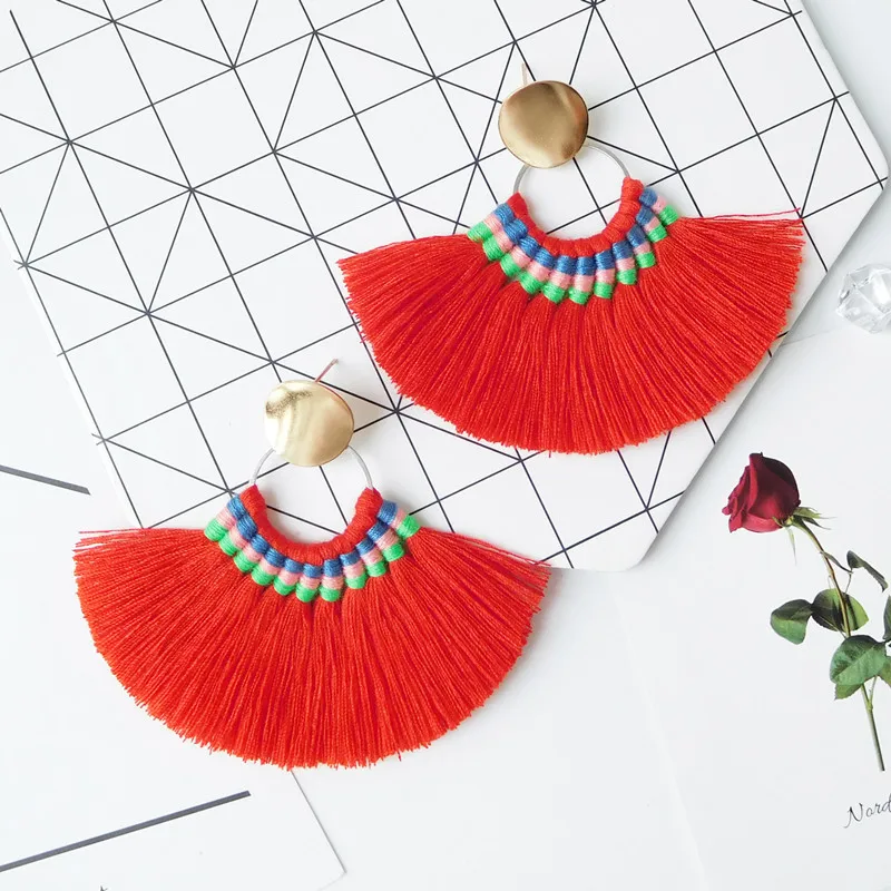 Bohemian Fan Shaped Statement Women Summer Earrings Fashon Bridal Wedding Jewelry Ethnic Cotton Tassel Long Dangle Drop Earrings