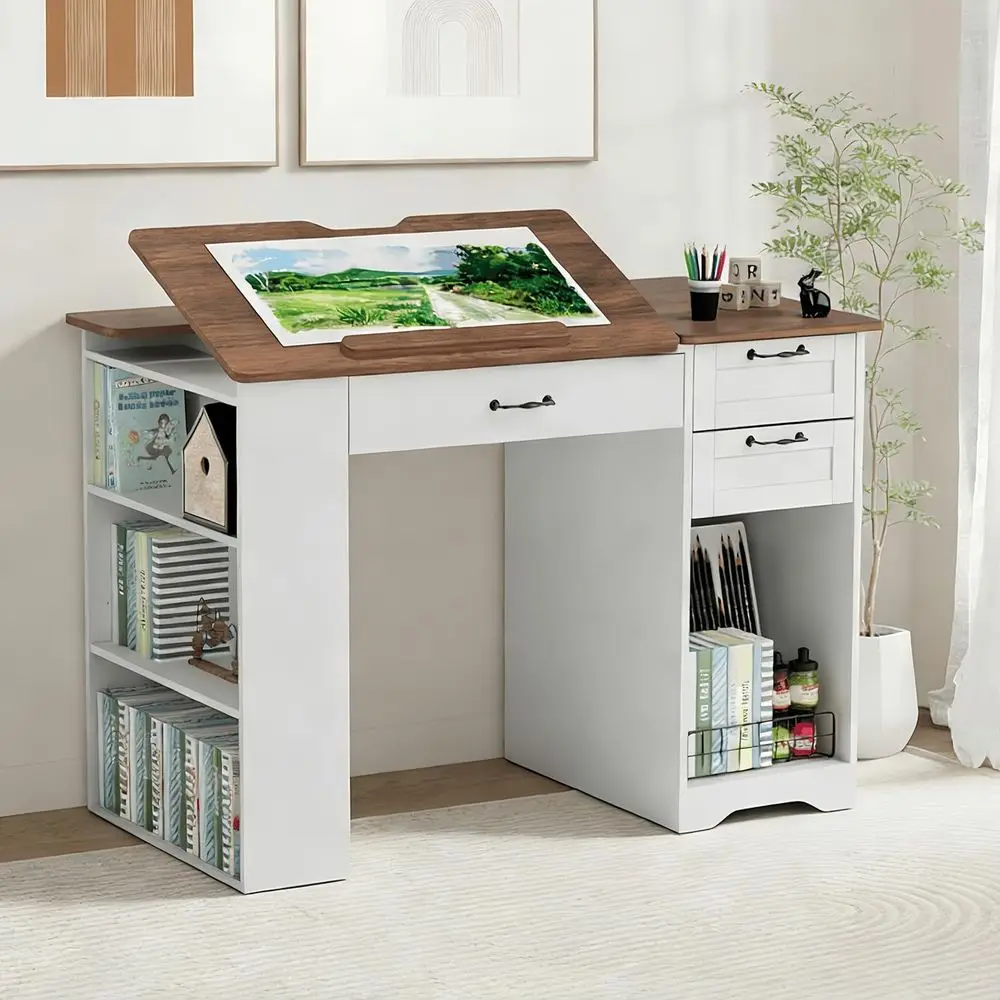 

Adjustable Desk with Storage and Open Shelves for Artists, Painters, Dining, Crafting, Reading, and Working