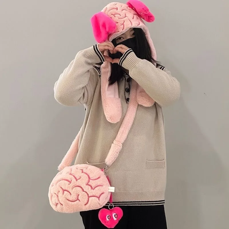 Y2K Cute Pink Love Brain Plush Shoulder Bags Funny Crossbody Bags Fashion Design Purse Cool Interesting Moving Ears Handbags Set